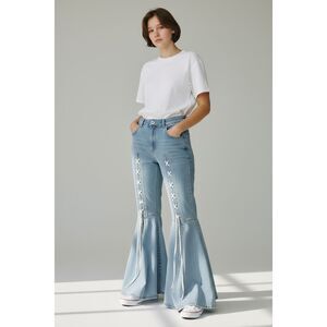 Ashley Stewart Women's Light Blue Lace Up Flare Wide Leg Denim Jeans Size 16